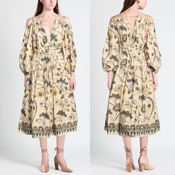 ULLA JOHNSON Tahlia Cold Shoulder Midi Dress Lemonbalm V-Neck Size 0 Preowned - Picture 1 of 9